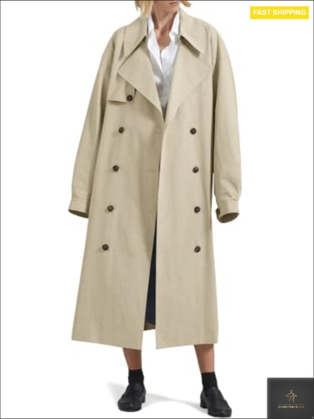 Oversized Double Breasted Trench Coat Classic Elegant Chic Belted Overcoat - Picture 2 of 7